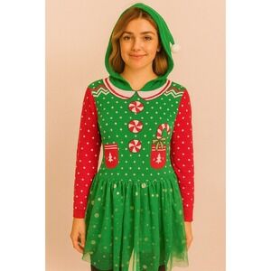 Elf Ugly Christmas Sweater Dress Hooded Tulle Skirt Holiday Party‎ Girl's Large